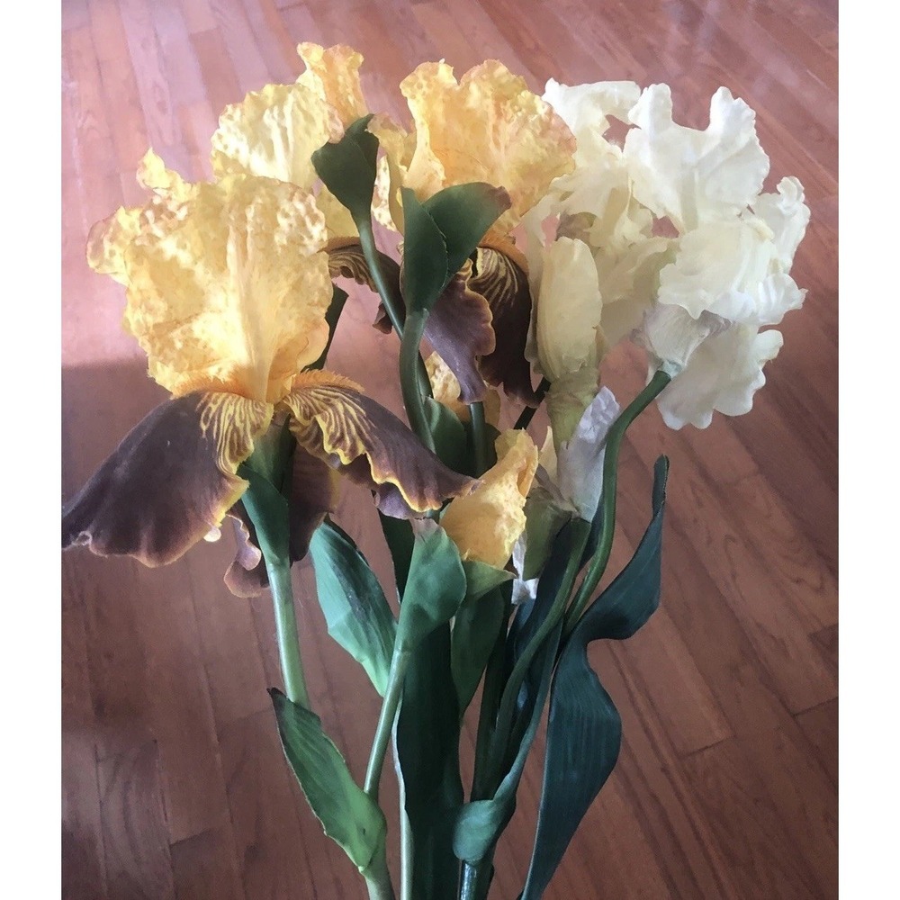 5 Stalks Yellow Iris Flowers Bouquet Long Stems Silk Artificial Crafts  Weddings